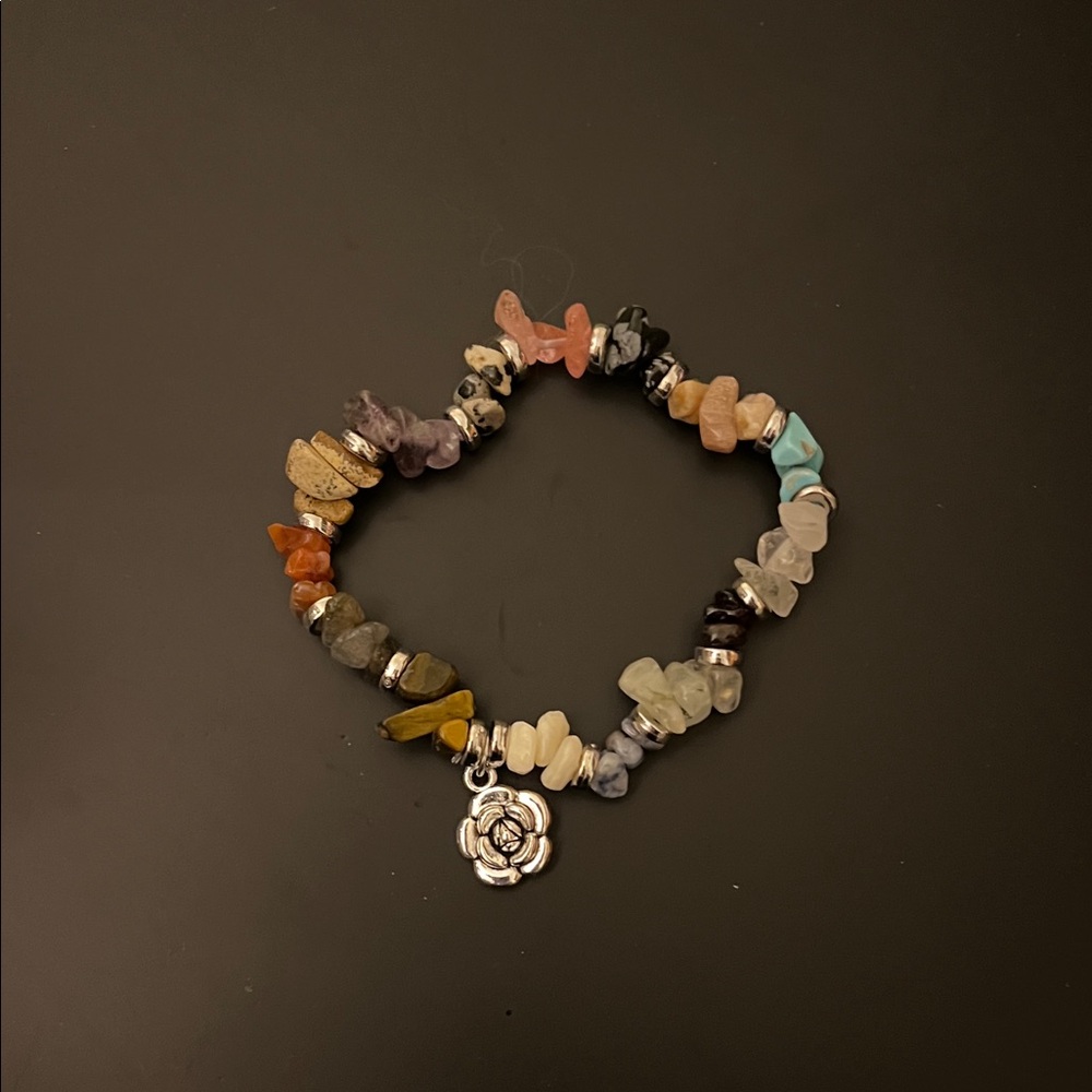 Hand Crafted Multicolor Stone Bracelet with Silver Rose Charm